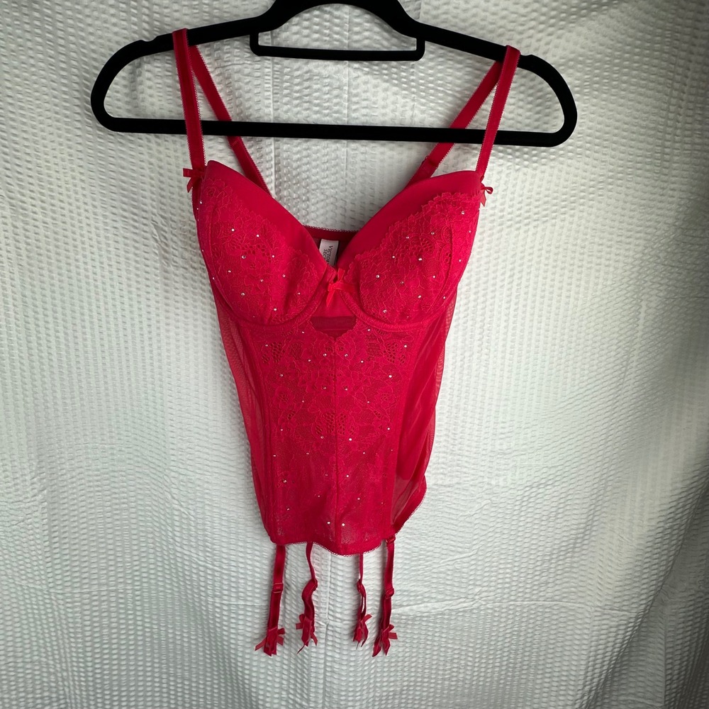 Victoria's‎ Secret Bustier Corset 34D Red Lace Rhinestone Garter Lingerie